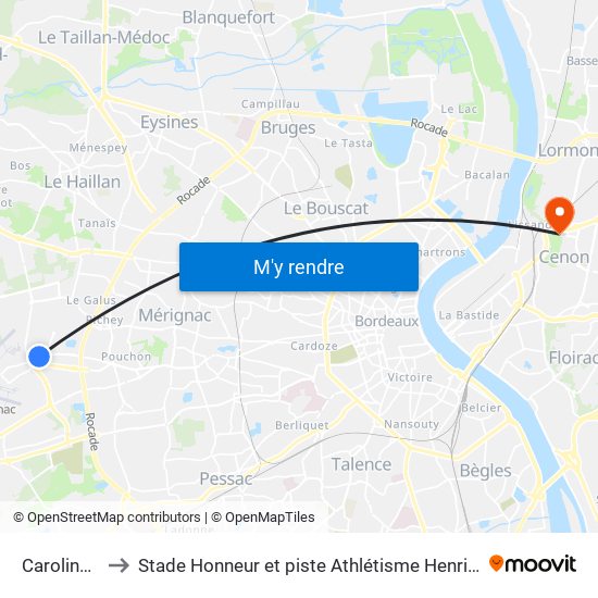 Caroline Aigle to Stade Honneur et piste Athlétisme Henri Danflous de Palmer map