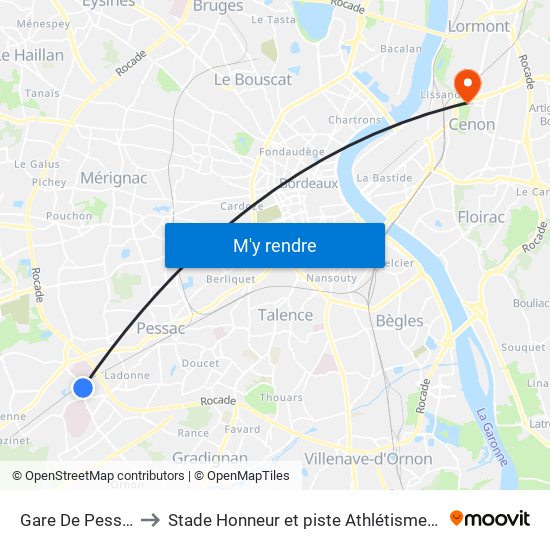 Gare De Pessac Alouette to Stade Honneur et piste Athlétisme Henri Danflous de Palmer map