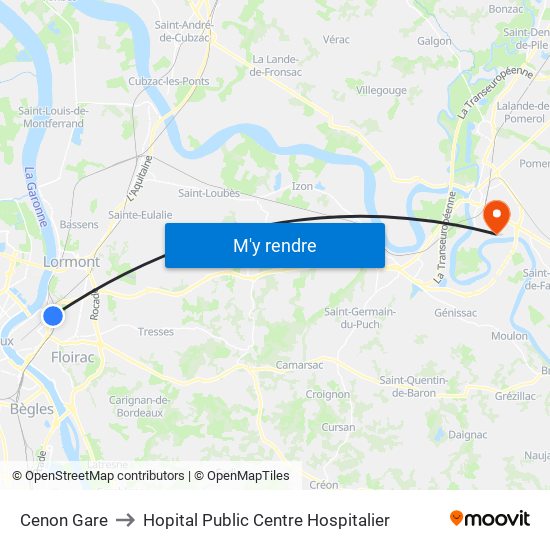 Cenon Gare to Hopital Public Centre Hospitalier map