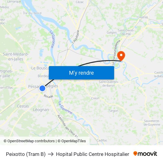 Peixotto (Tram B) to Hopital Public Centre Hospitalier map