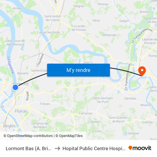Lormont Bas (A. Briand) to Hopital Public Centre Hospitalier map