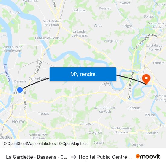 La Gardette - Bassens - Carbon-Blanc to Hopital Public Centre Hospitalier map