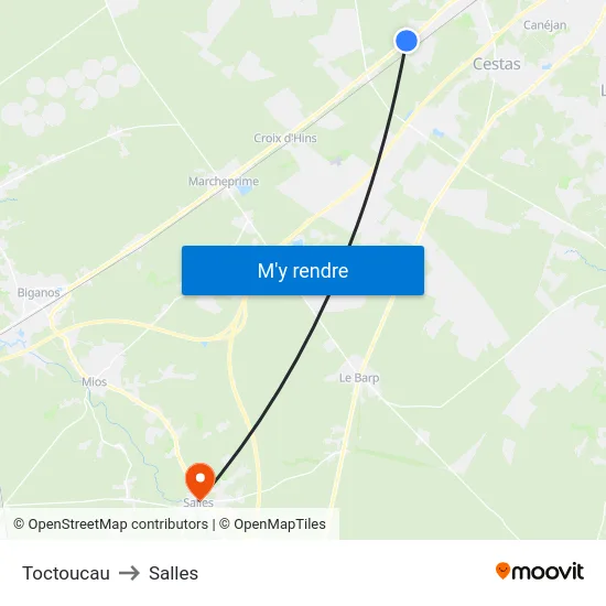 Toctoucau to Salles map
