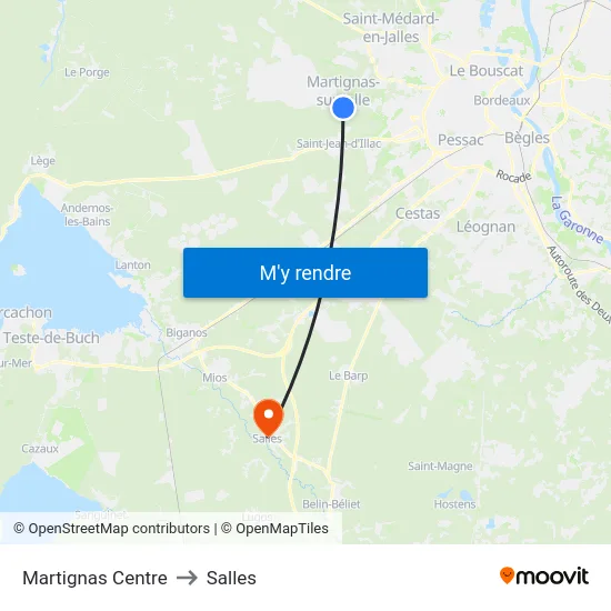 Martignas Centre to Salles map