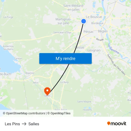 Les Pins to Salles map