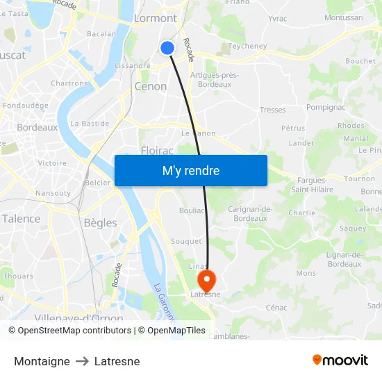 Montaigne to Latresne map