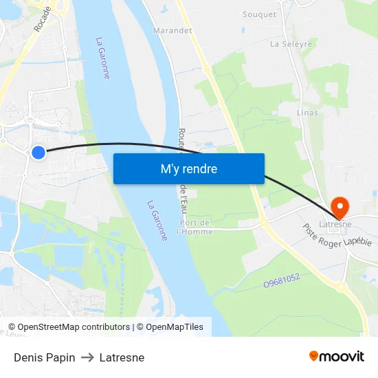 Denis Papin to Latresne map