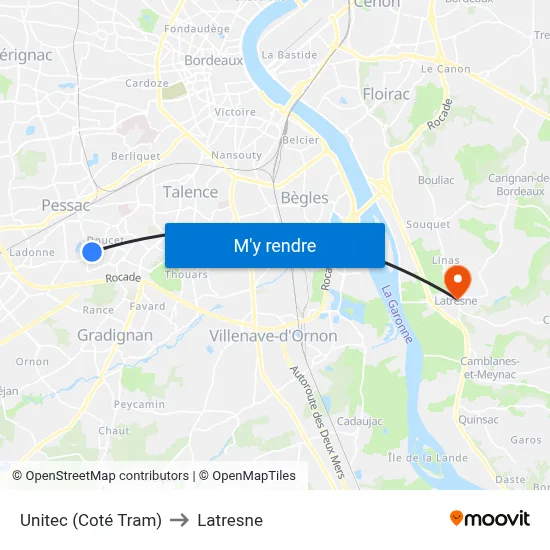Unitec (Coté Tram) to Latresne map