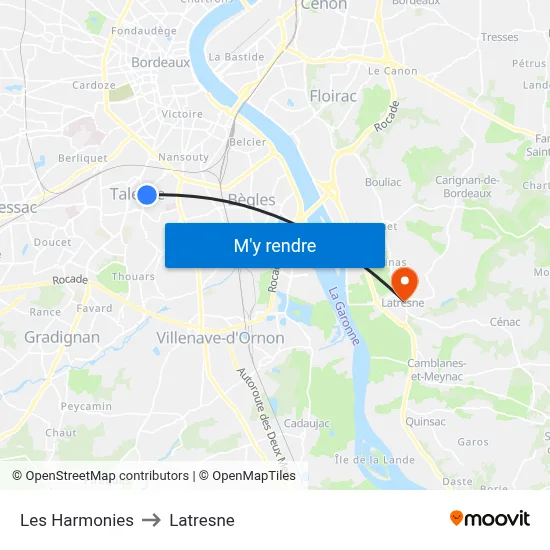 Les Harmonies to Latresne map