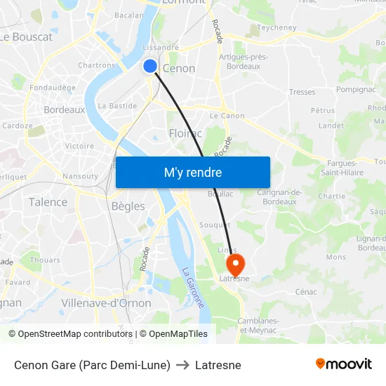 Cenon Gare (Parc Demi-Lune) to Latresne map