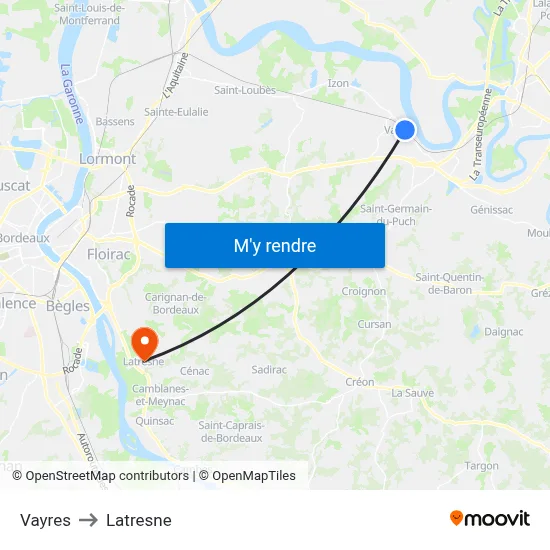 Vayres to Latresne map