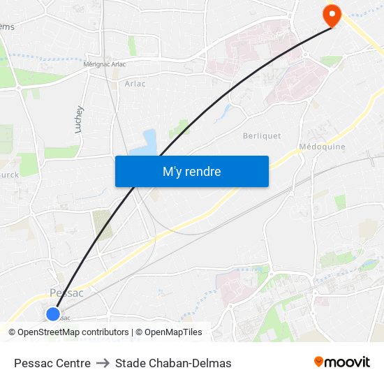 Pessac Centre to Stade Chaban-Delmas map