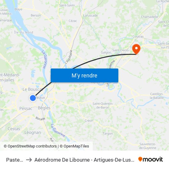 Pasteur to Aérodrome De Libourne - Artigues-De-Lussac map