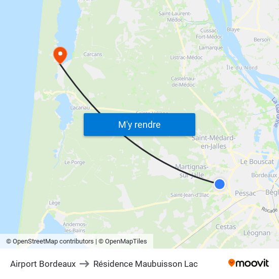 Airport Bordeaux to Résidence Maubuisson Lac map