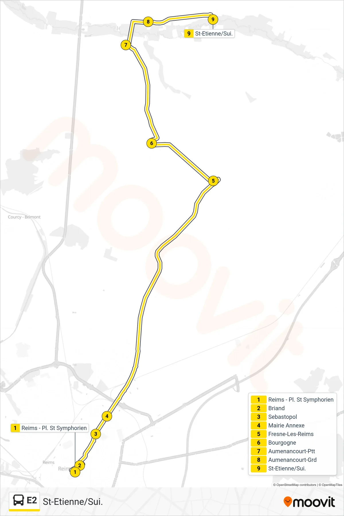 E2 bus Line (St-Etienne/Sui.) route and stops on a map