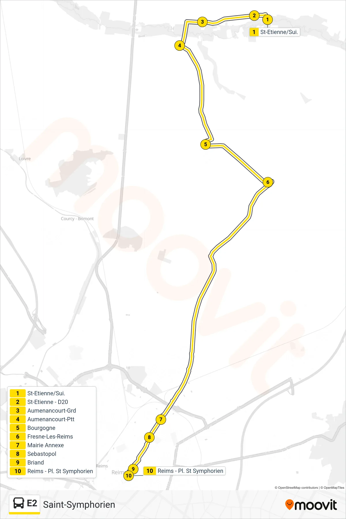 E2 bus Line (Saint-Symphorien) route and stops on a map
