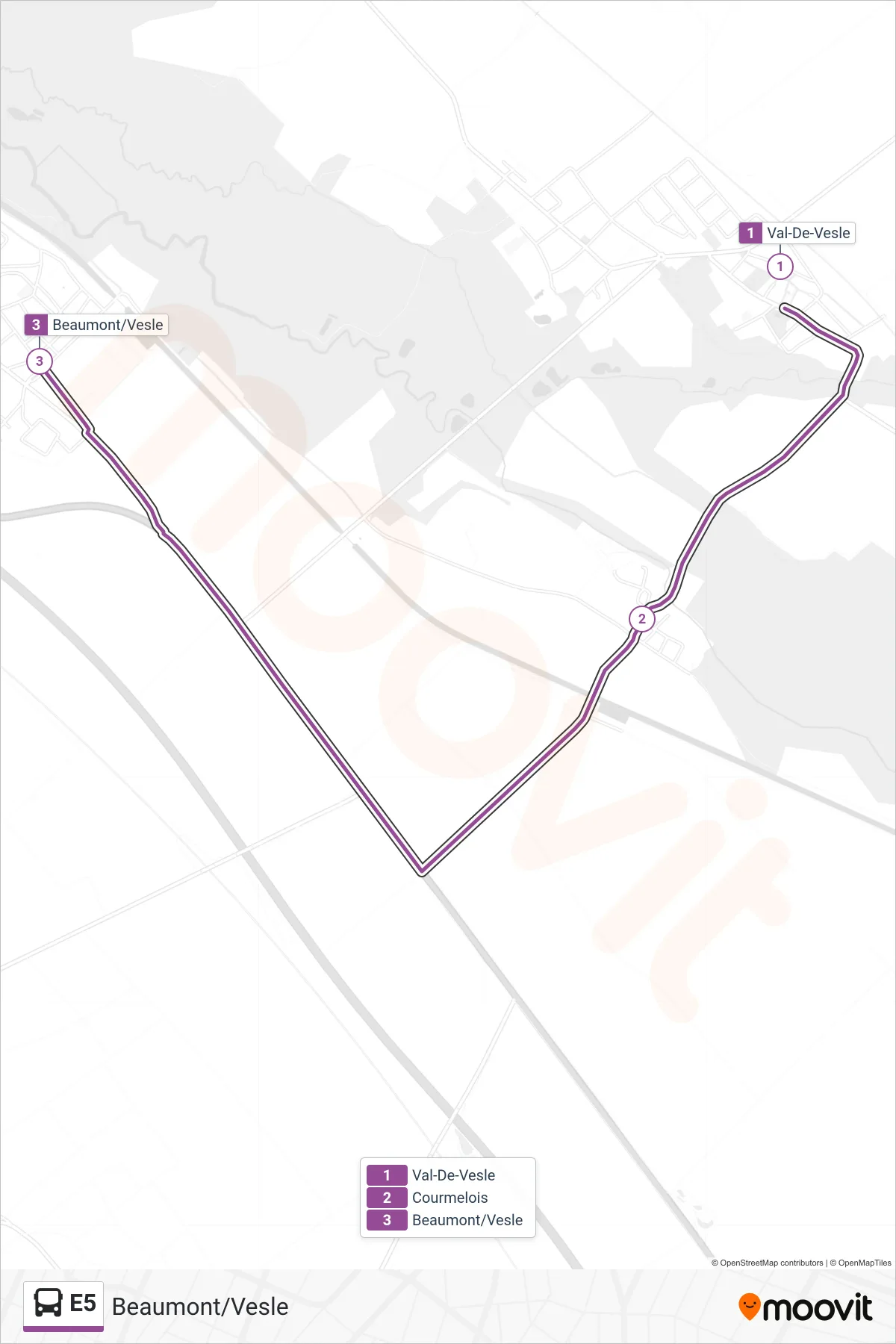 E5 bus Line (Beaumont/Vesle) route and stops on a map