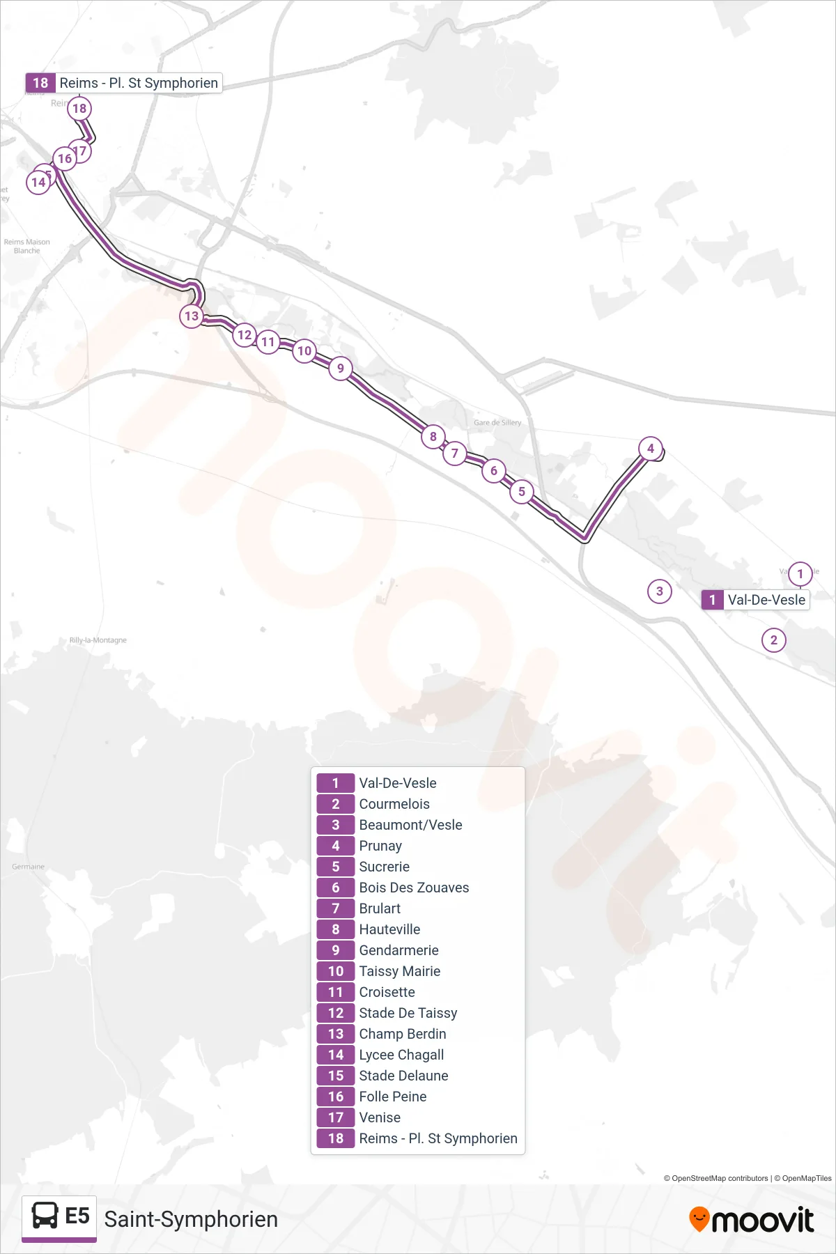 E5 bus Line (Saint-Symphorien) route and stops on a map