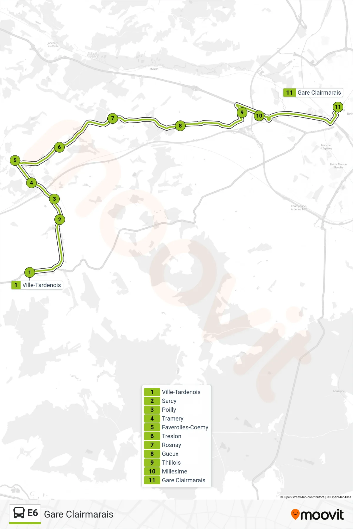 E6 bus Line (Gare Clairmarais) route and stops on a map