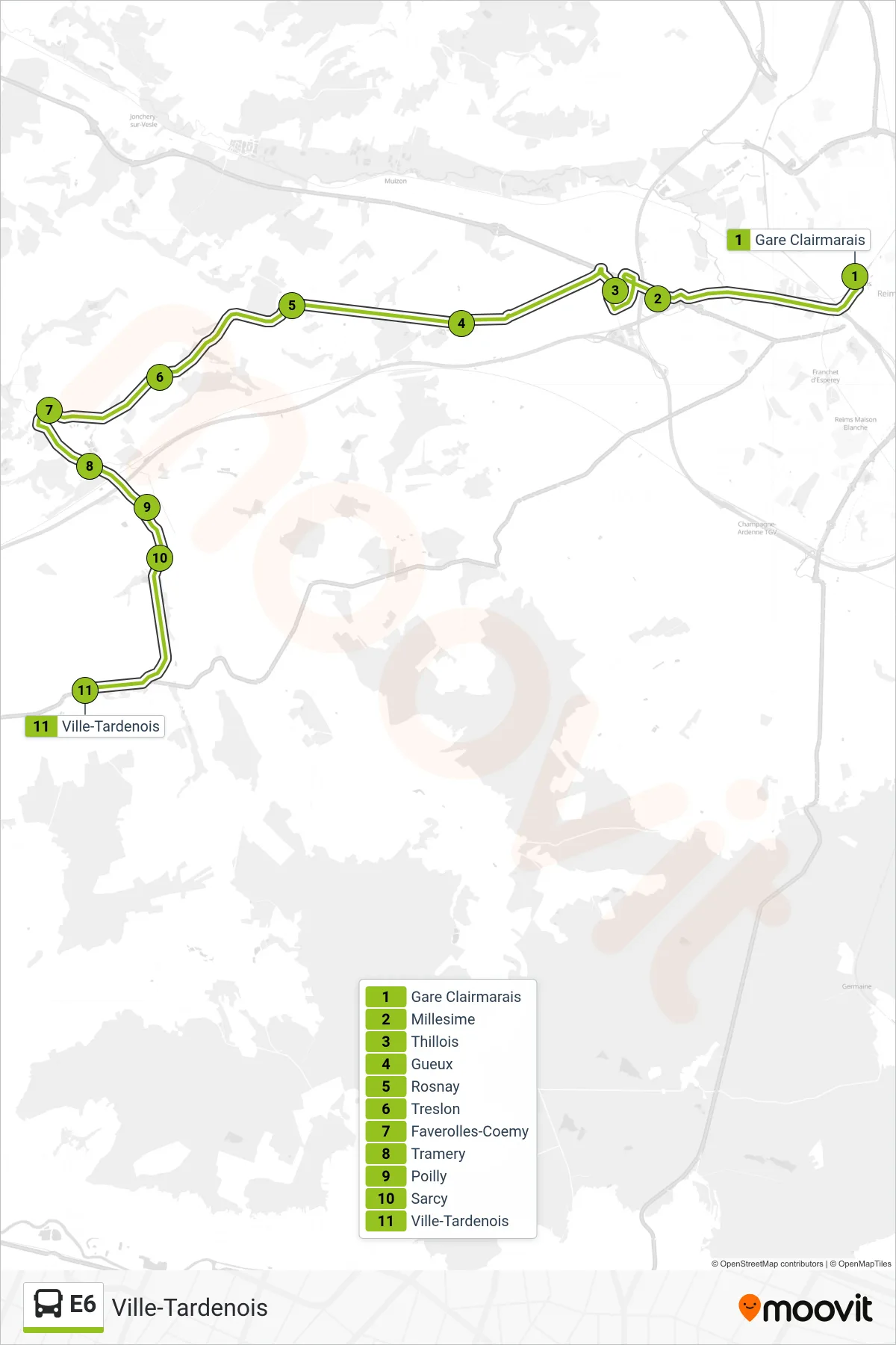 Tracé et arrêts de la ligne E6 de bus (Ville-Tardenois) sur une carte