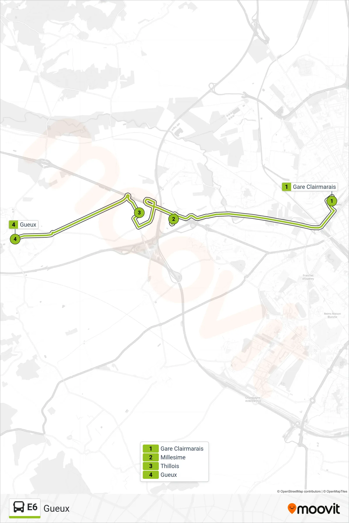 E6 bus Line (Gueux) route and stops on a map