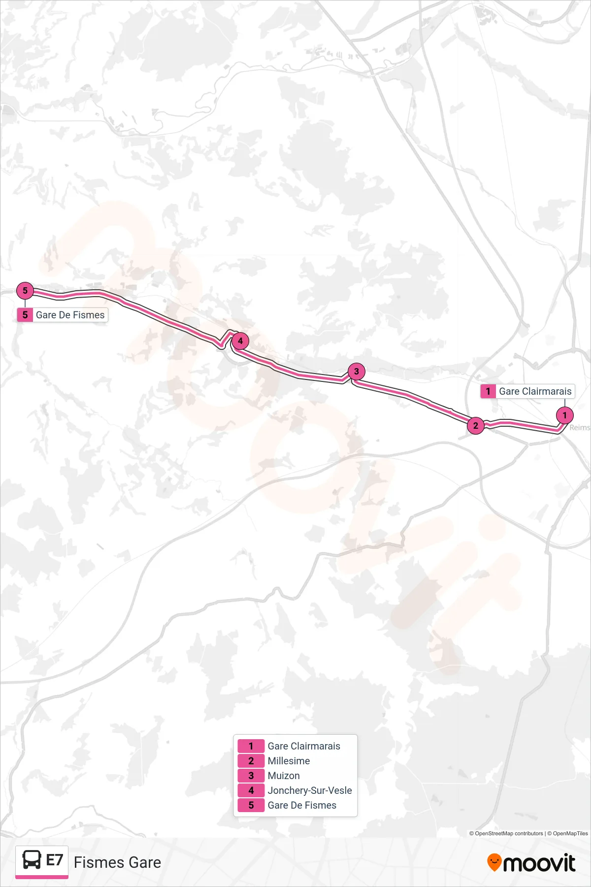 Tracé et arrêts de la ligne E7 de bus (Fismes Gare) sur une carte