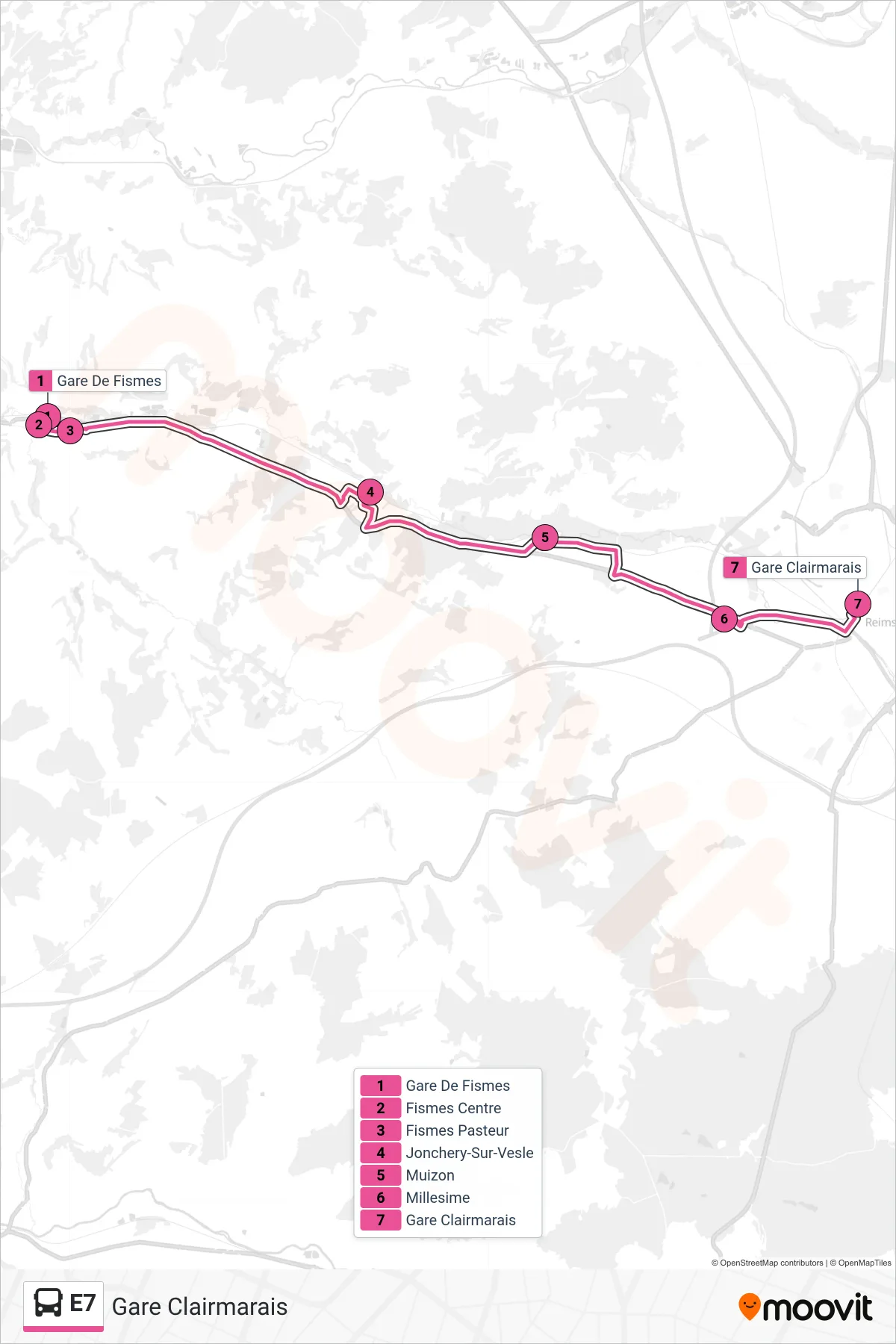E7 bus Line (Gare Clairmarais) route and stops on a map