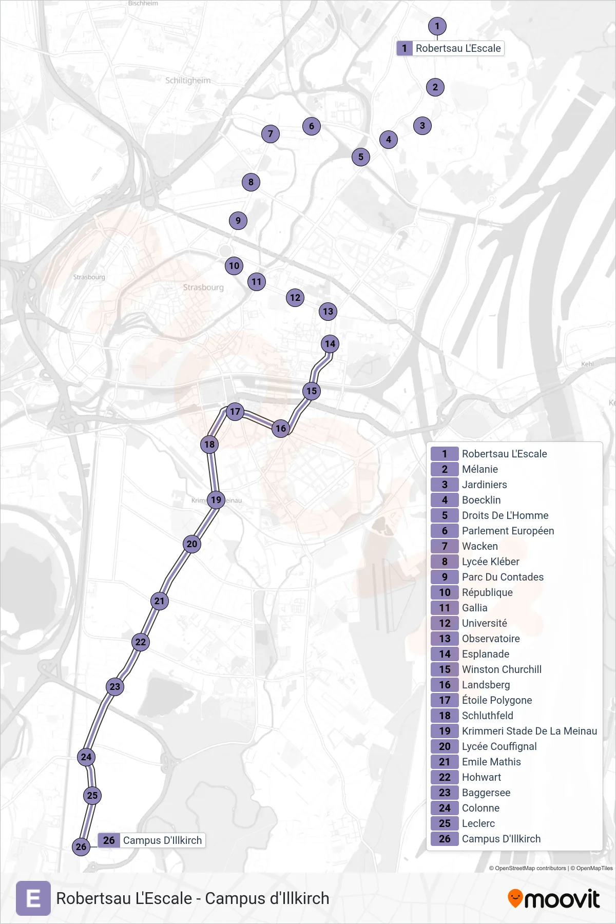E tram Line (Campus D'Illkirch) route and stops on a map