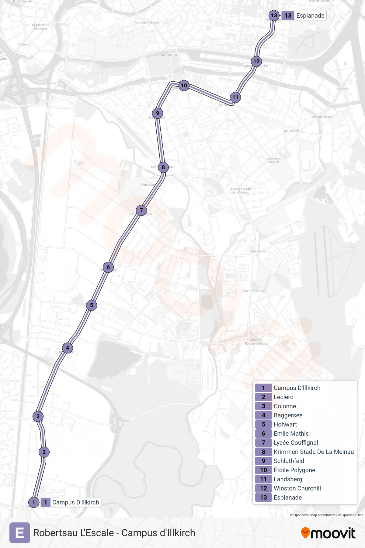 E light rail Line (Esplanade) route and stops on a map