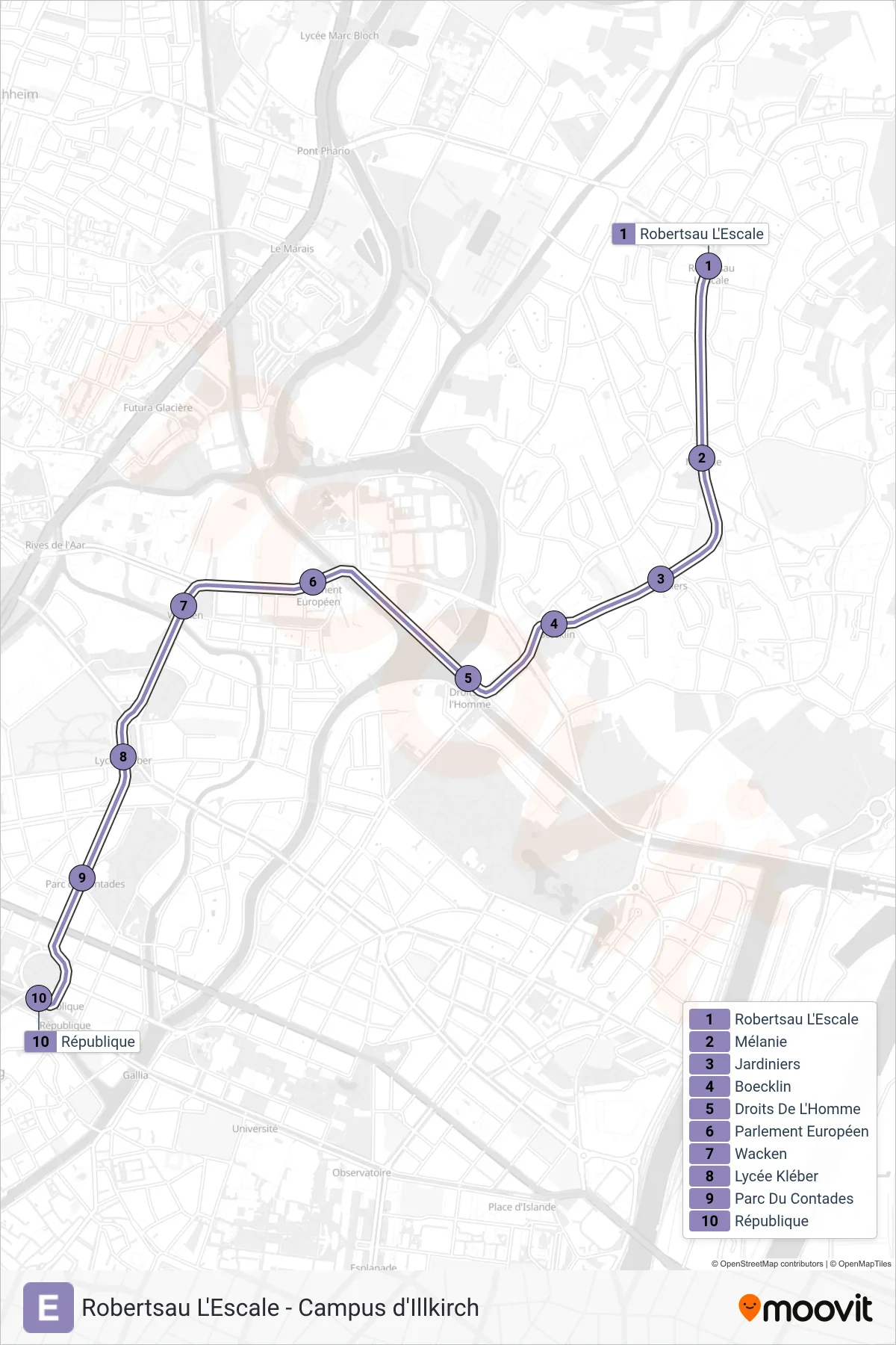 E tram Line (République) route and stops on a map