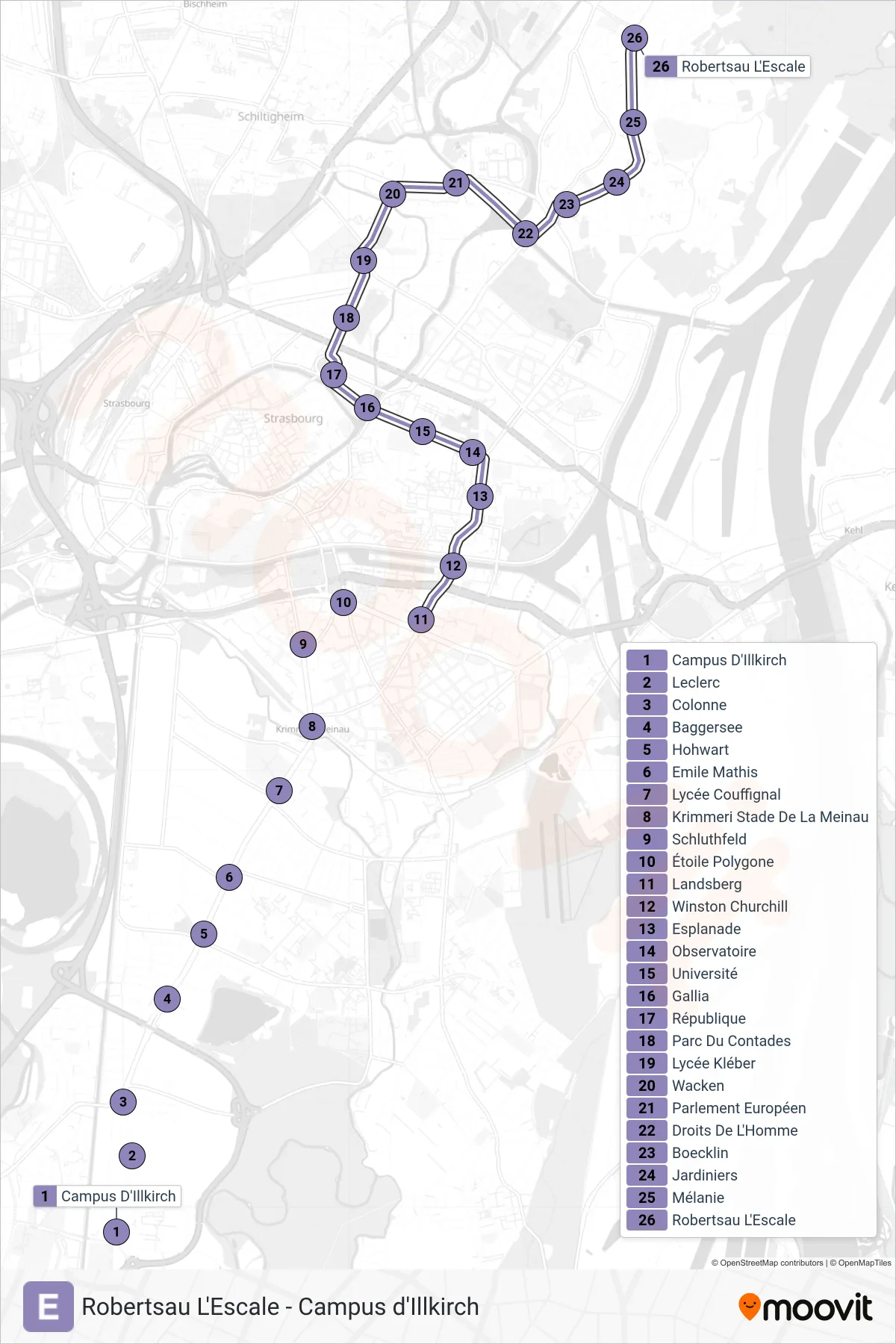 Tracé et arrêts de la ligne E de tram (Robertsau L'Escale) sur une carte