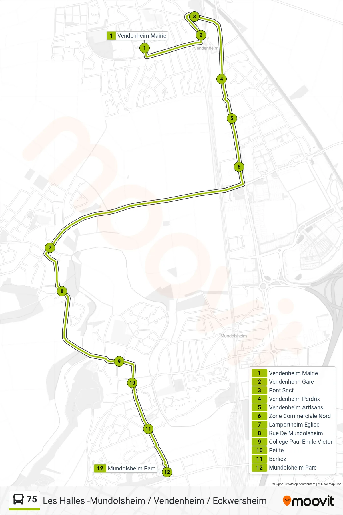 75 bus Line (Mundolsheim Parc) route and stops on a map
