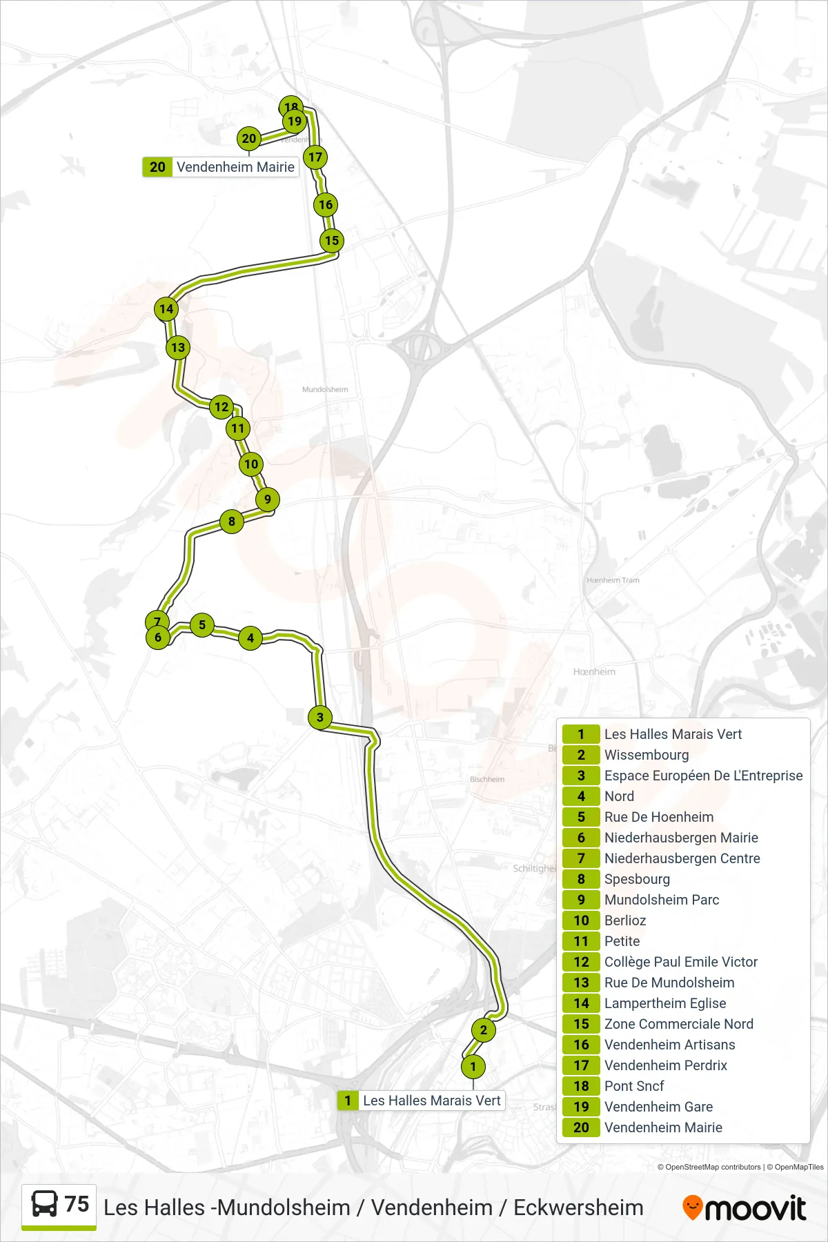 75 bus Line (Vendenheim Mairie) route and stops on a map
