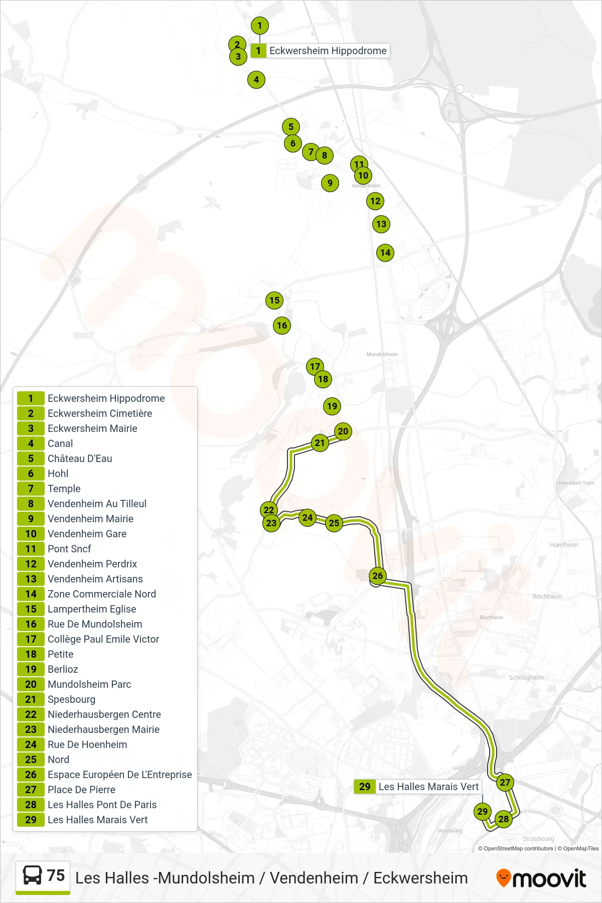 75 bus Line (Les Halles) route and stops on a map