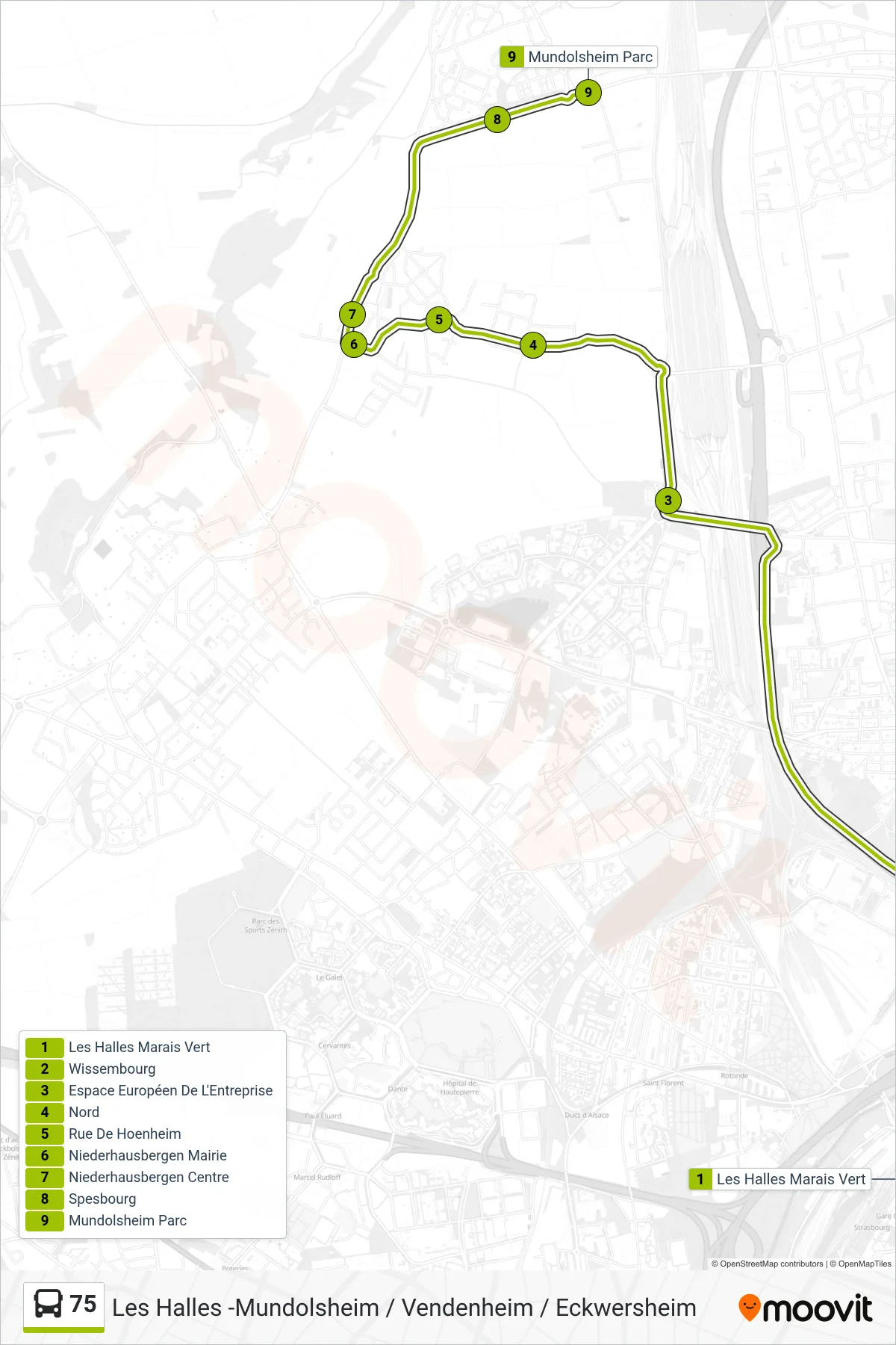 75 bus Line (Mundolsheim Parc) route and stops on a map