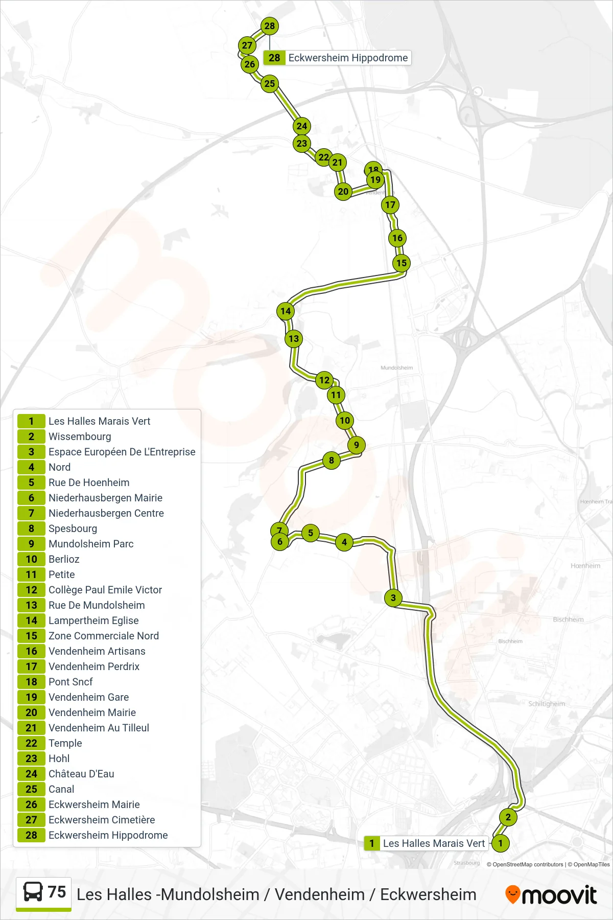 75 bus Line (Eckwersheim Hippodrome) route and stops on a map
