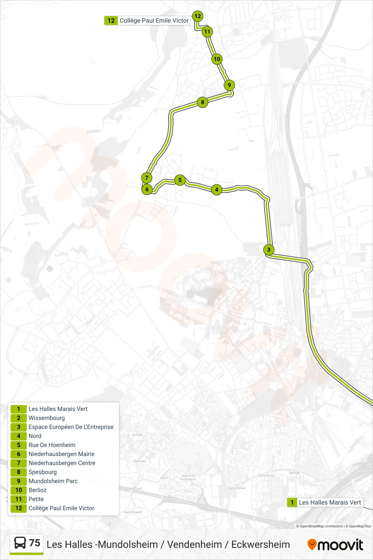 Tracé et arrêts de la ligne 75 de bus (Mundolsheim Collège) sur une carte