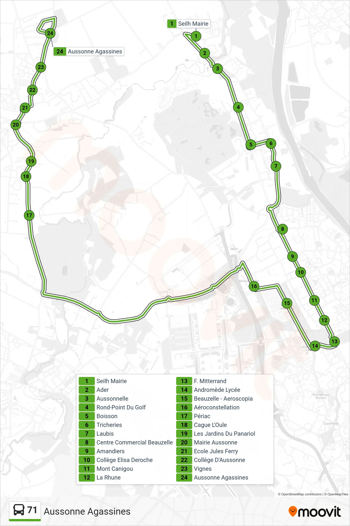 Tracé et arrêts de la ligne 71 de bus (Aussonne Agassines) sur une carte