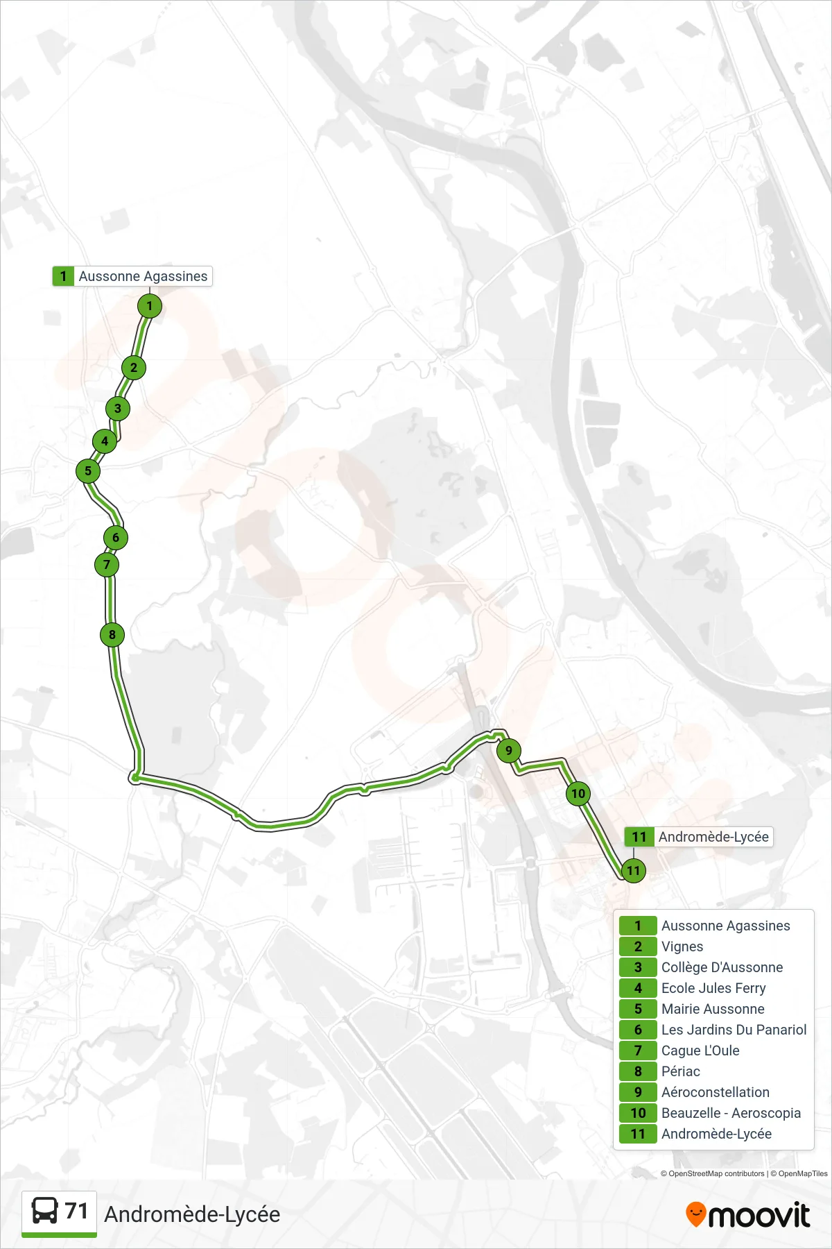 Tracé et arrêts de la ligne 71 de bus (Andromède-Lycée) sur une carte