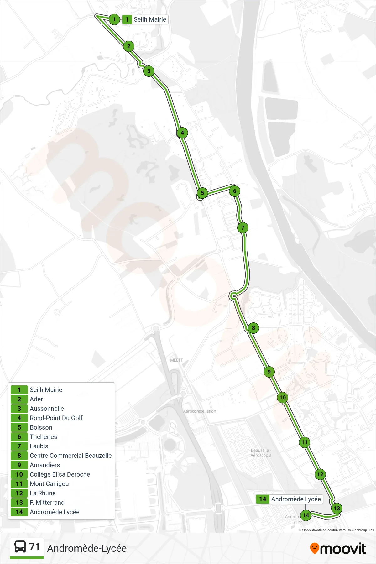 Tracé et arrêts de la ligne 71 de bus (Andromède-Lycée) sur une carte