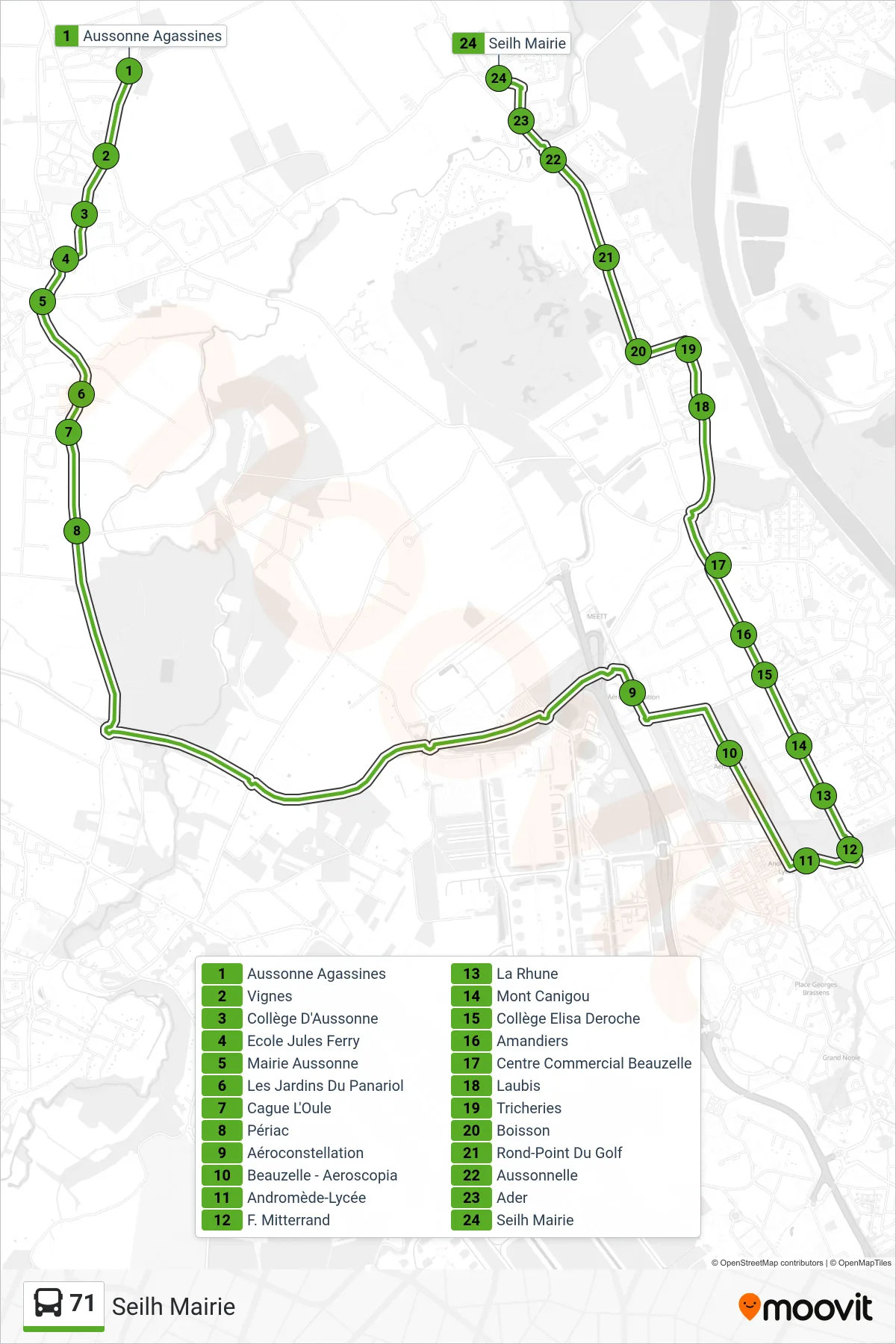Tracé et arrêts de la ligne 71 de bus (Seilh Mairie) sur une carte