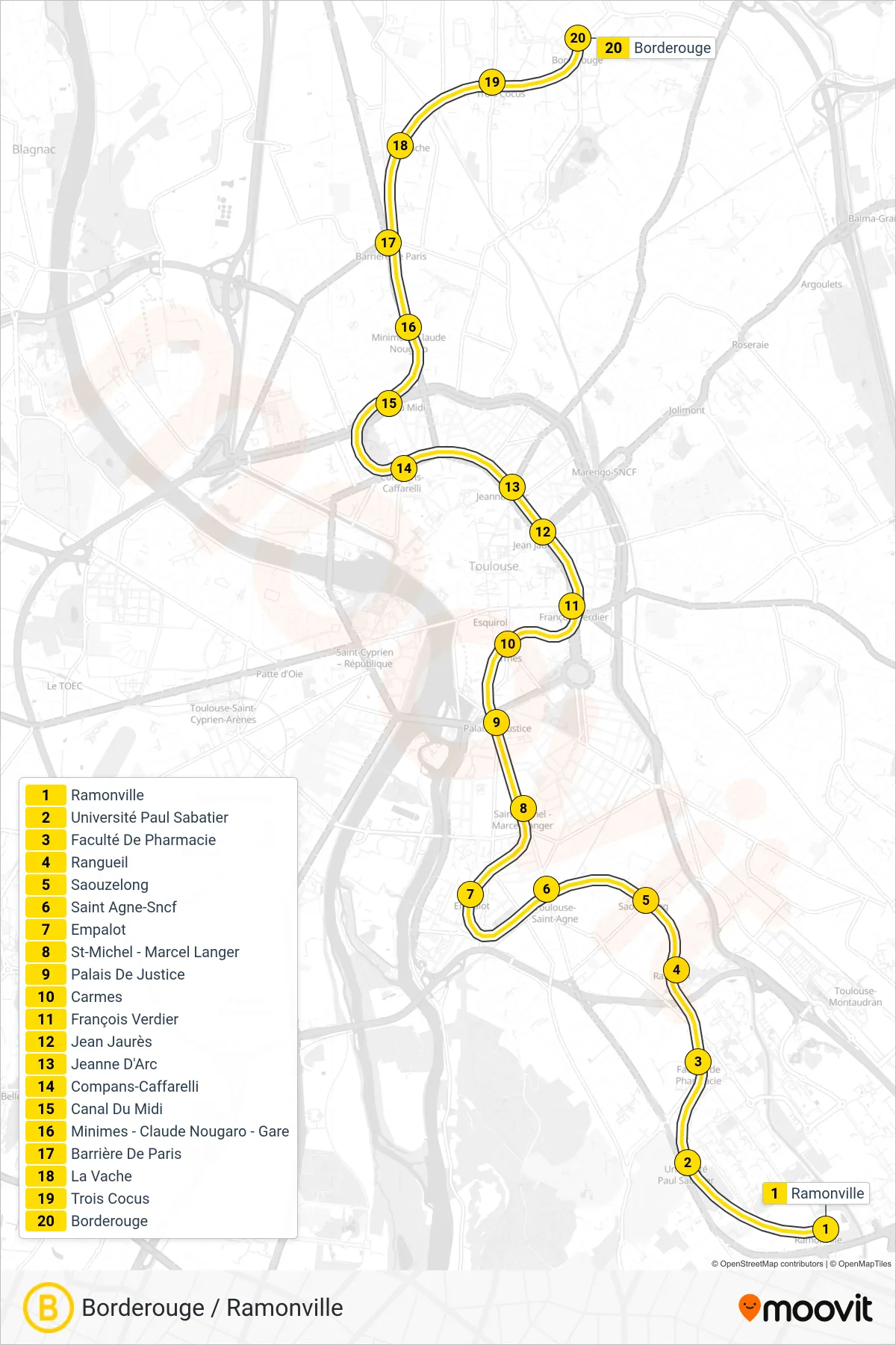 Tracé et arrêts de la ligne B de métro (Borderouge) sur une carte