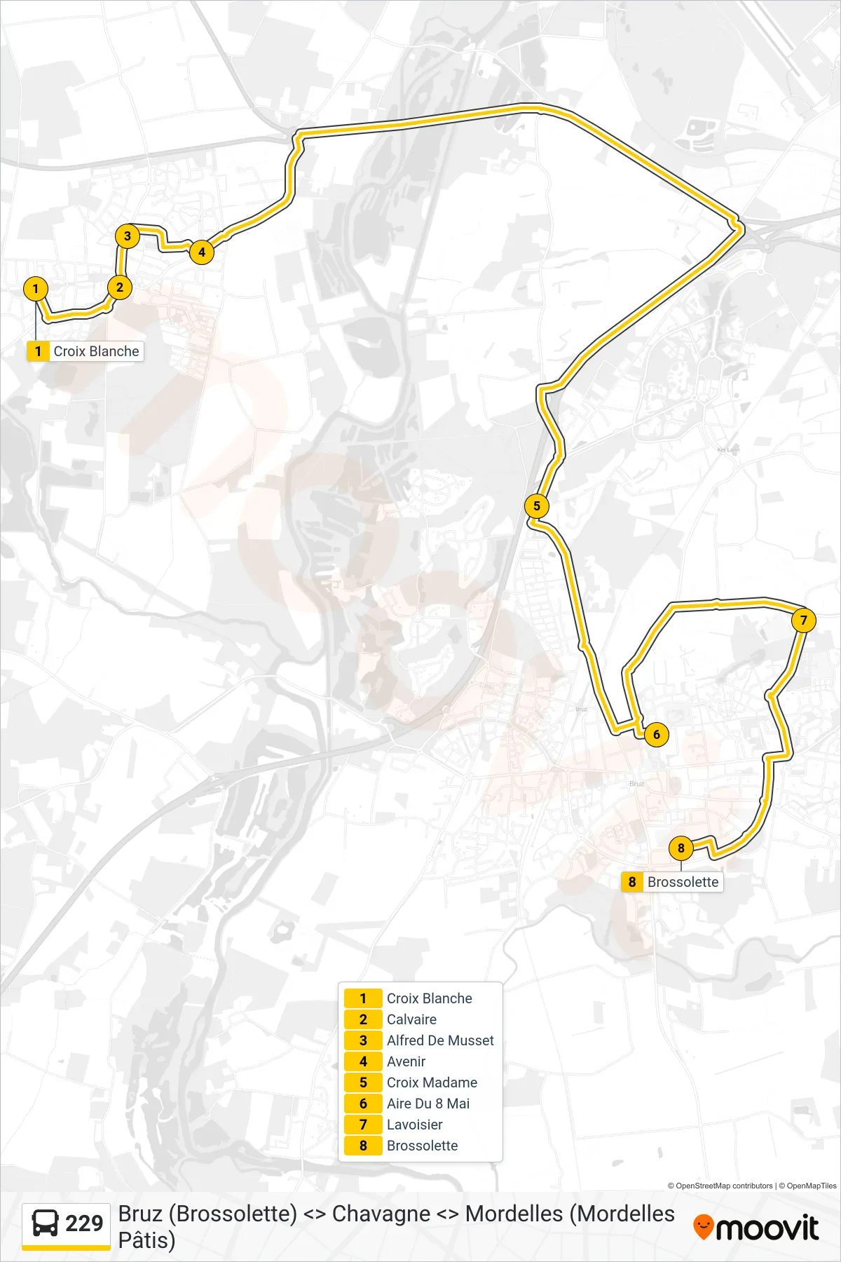 Tracé et arrêts de la ligne 229 de bus (Bruz) sur une carte