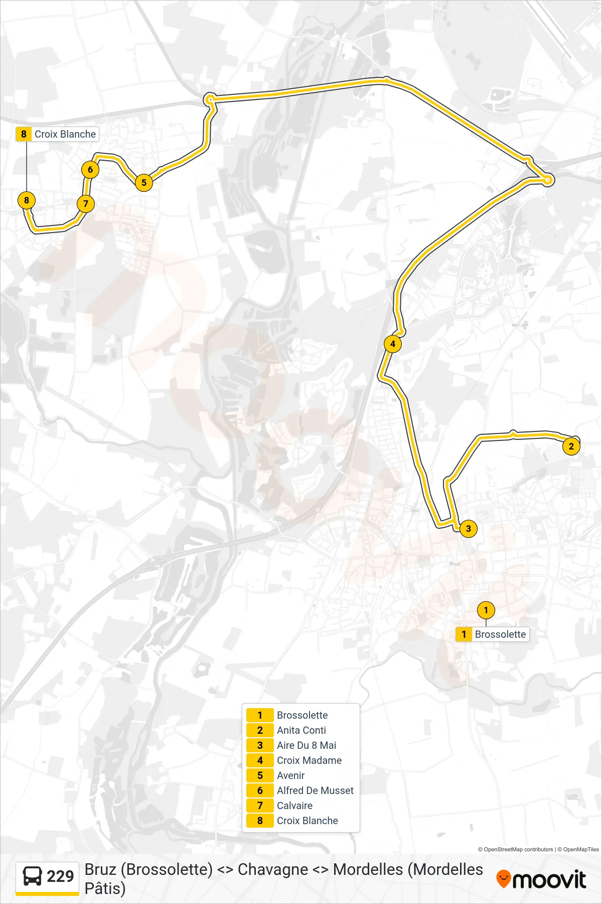 Tracé et arrêts de la ligne 229 de bus (Chavagne) sur une carte
