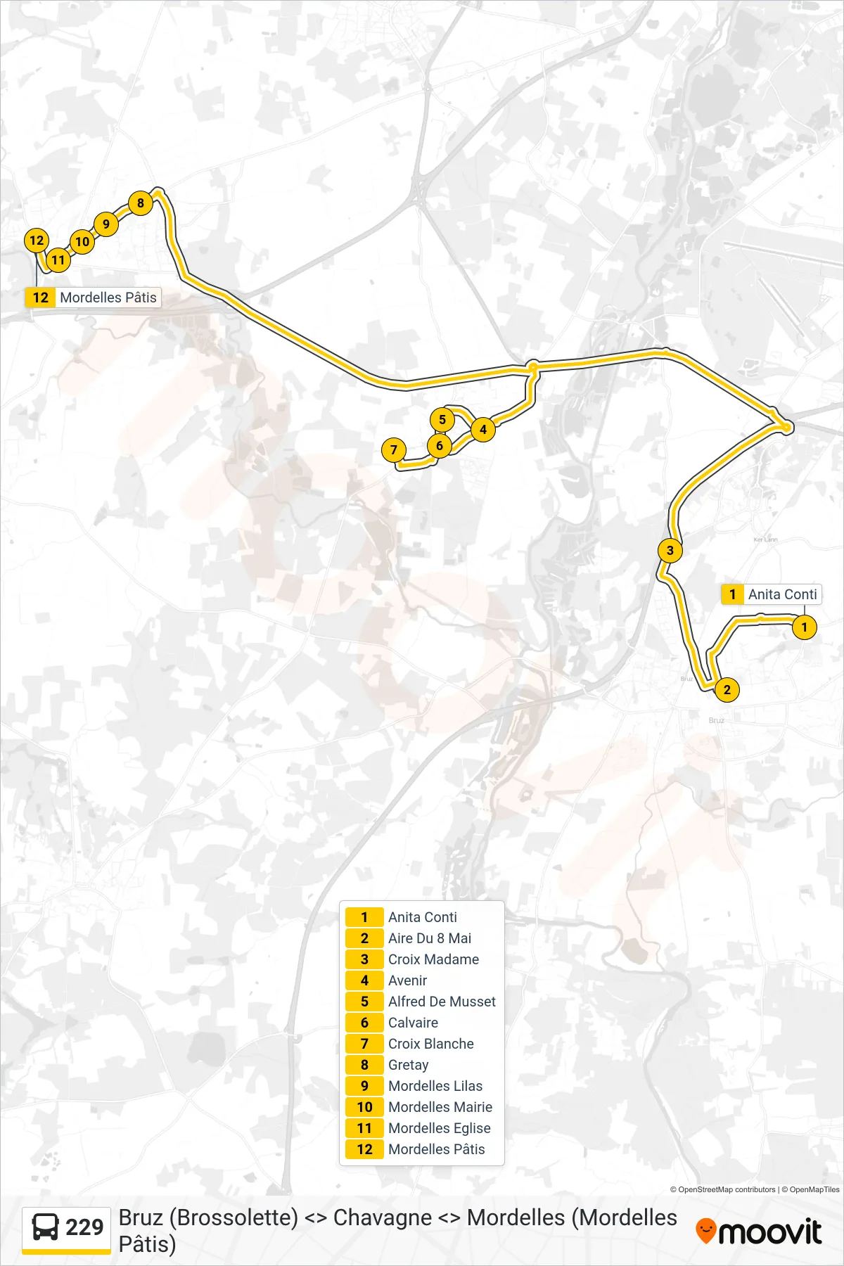 229 bus Line (Mordelles) route and stops on a map