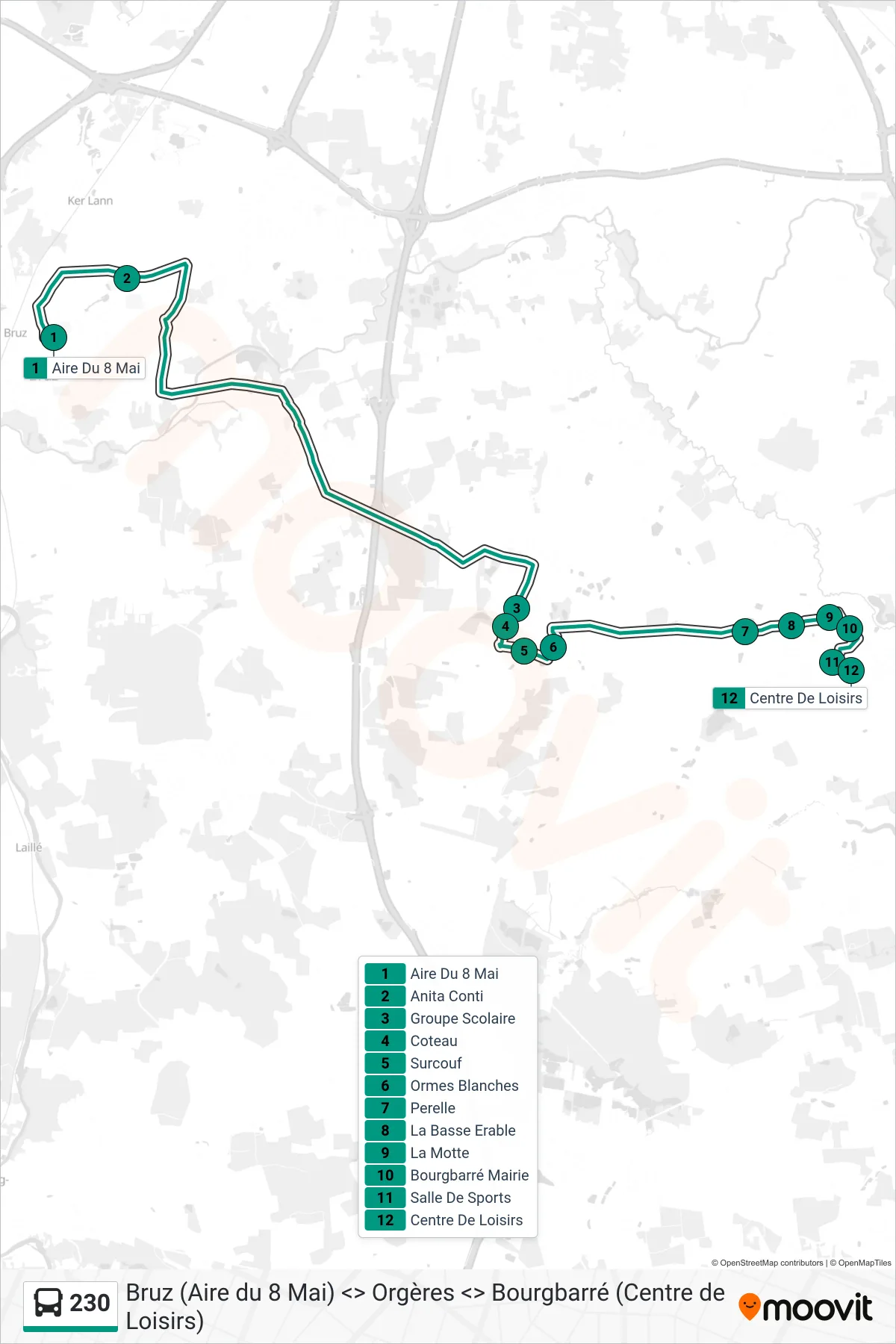 Tracé et arrêts de la ligne 230 de bus (Orgères - Bourgbarré) sur une carte