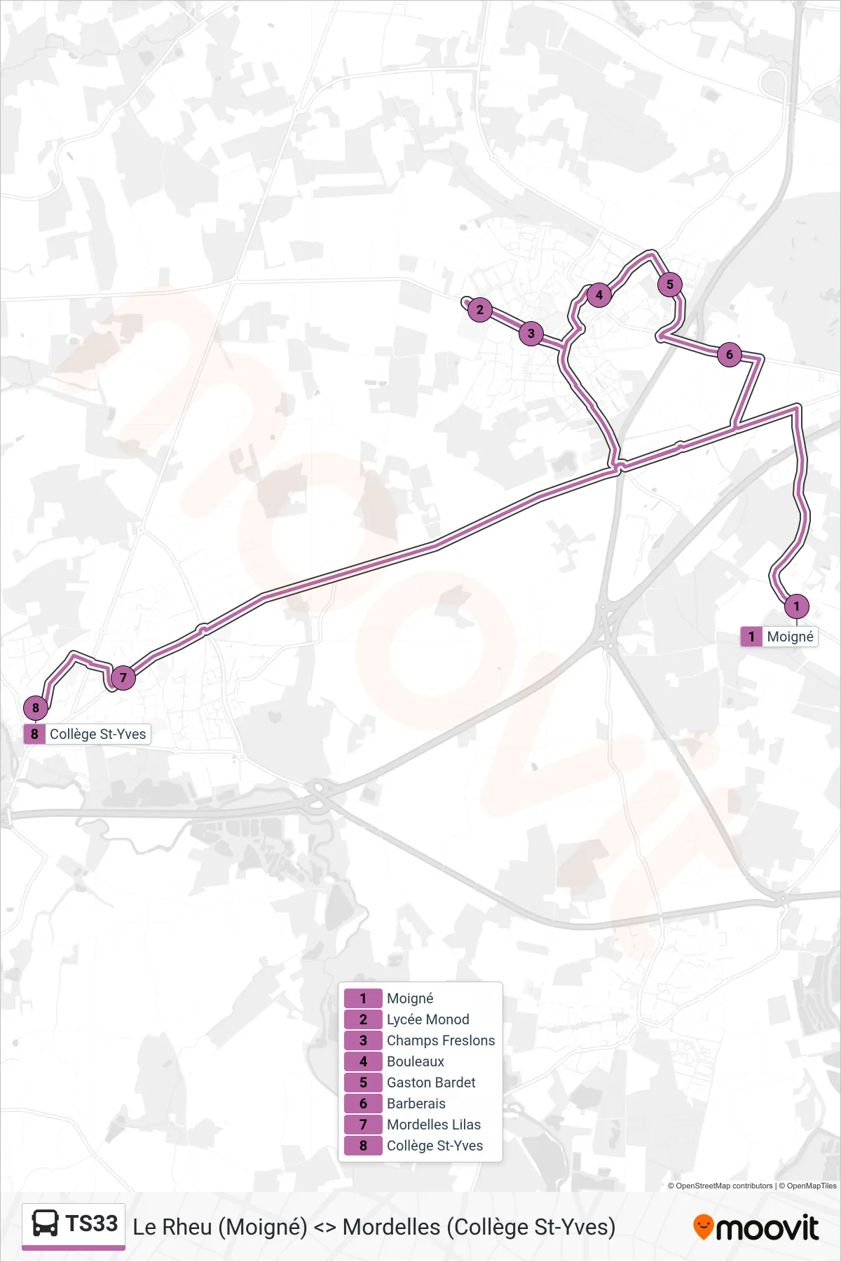 Tracé et arrêts de la ligne TS33 de bus (Le Rheu) sur une carte