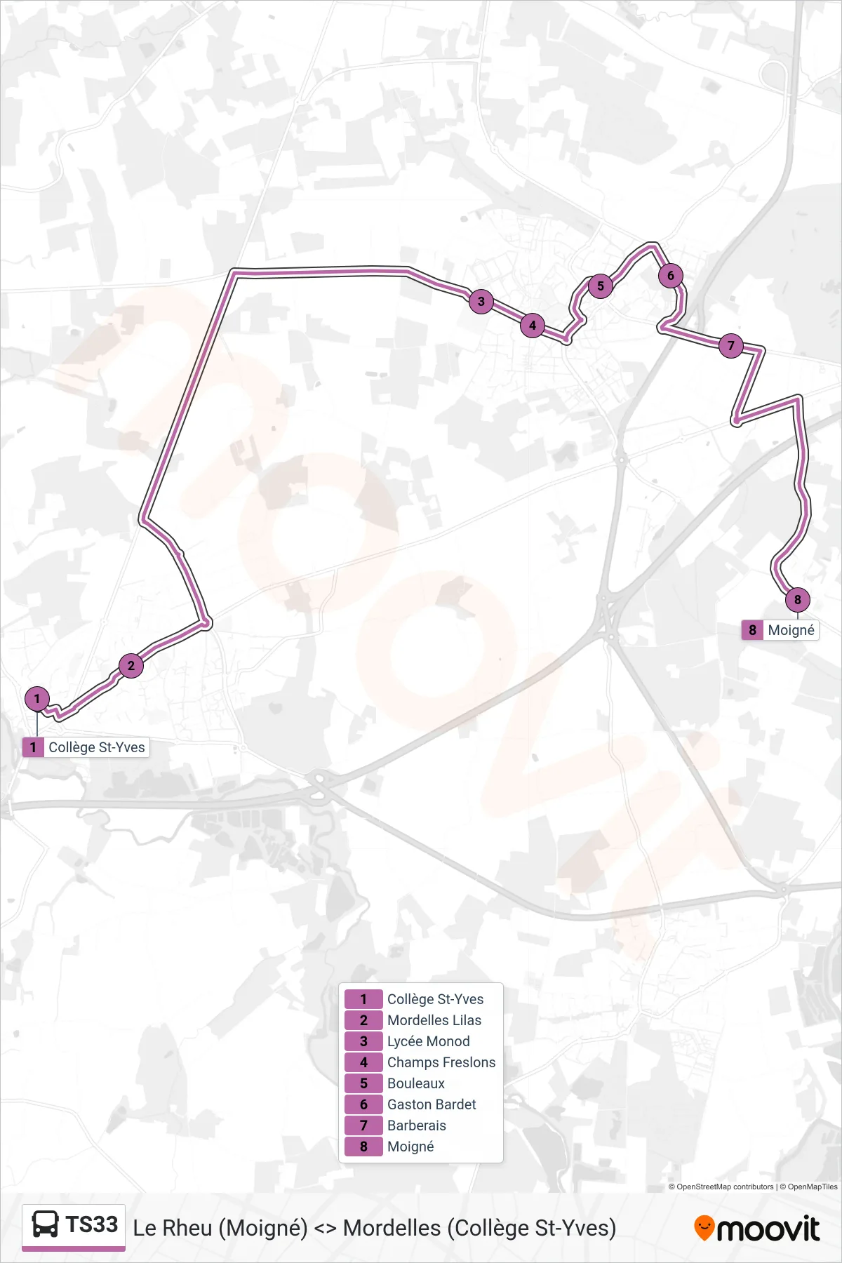 Tracé et arrêts de la ligne TS33 de bus (Mordelles) sur une carte