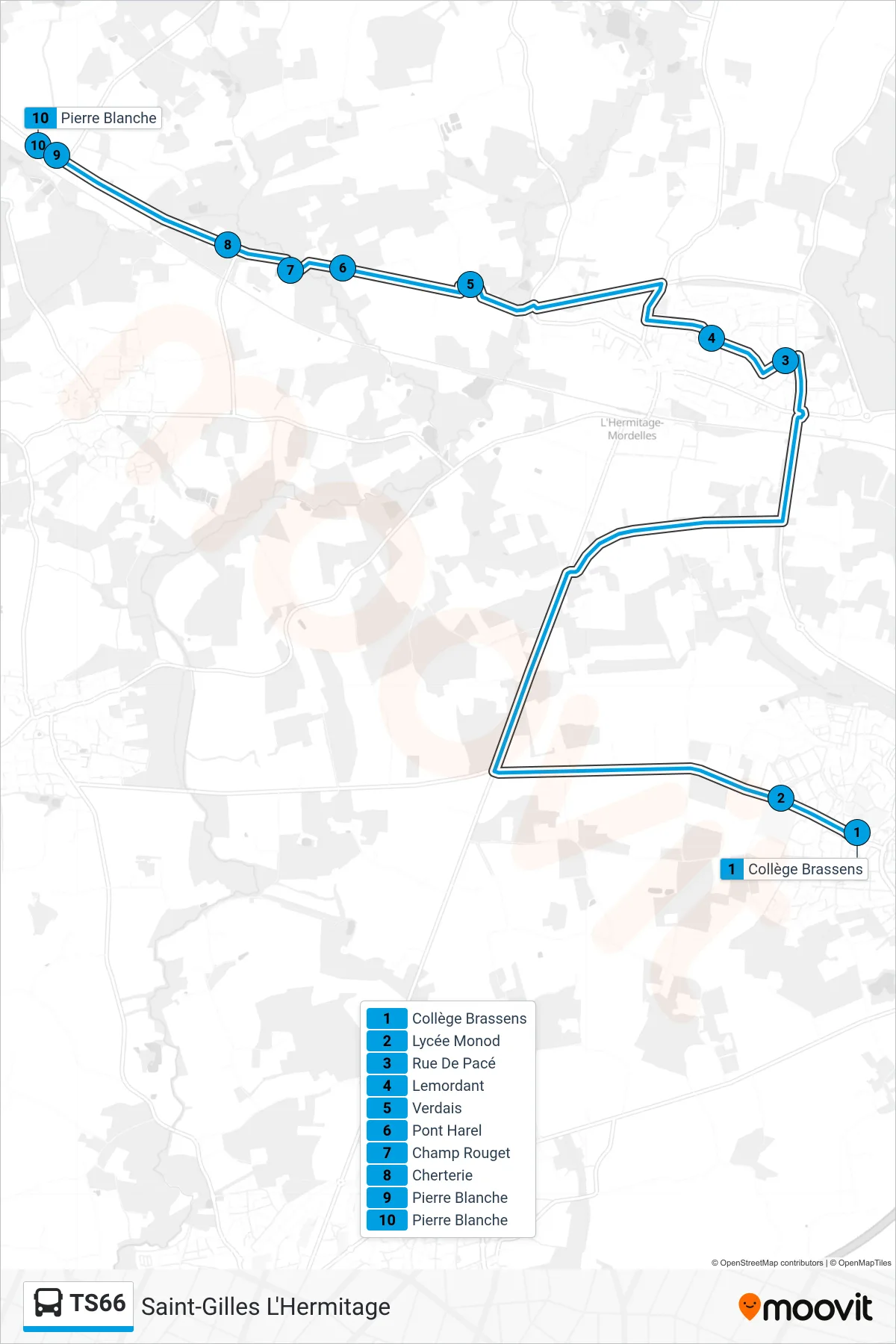 Tracé et arrêts de la ligne TS66 de bus (Saint-Gilles L'Hermitage) sur une carte