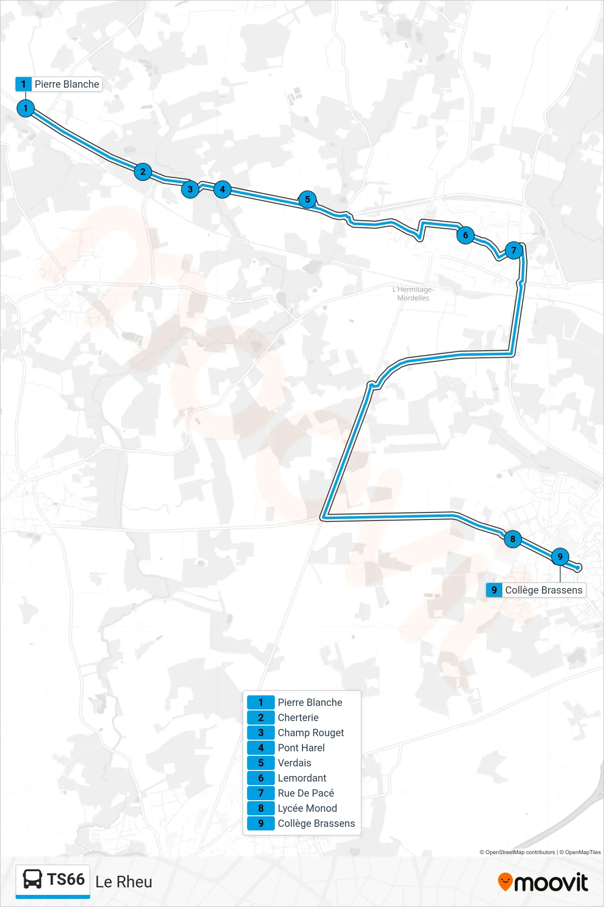 Tracé et arrêts de la ligne TS66 de bus (Le Rheu) sur une carte